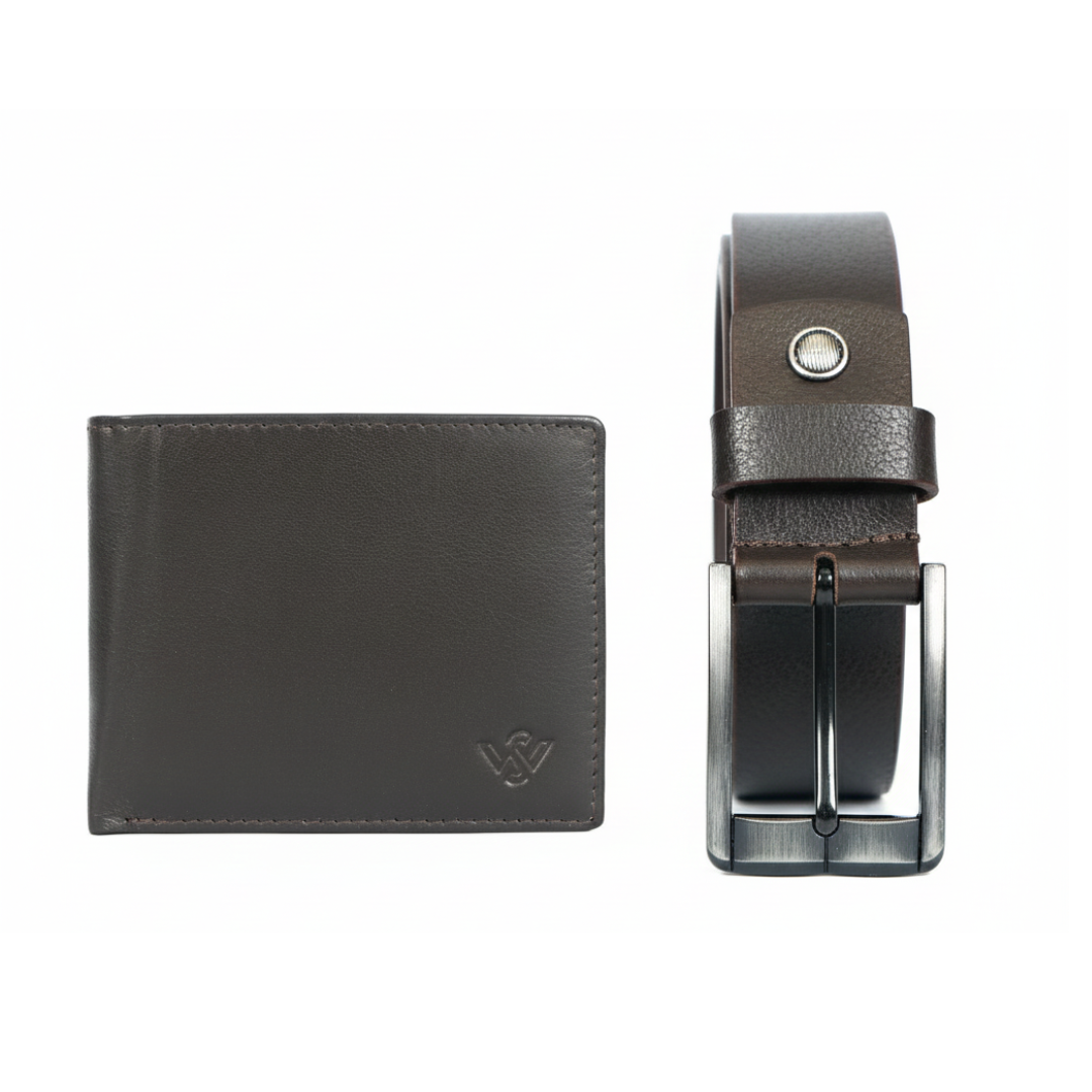 Ledger Leather Wallet & Forge Leather Belt Combo for Men (BROWN)