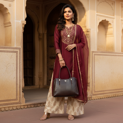 Aveline Dual Handle Croc-Pebble Leather Bag