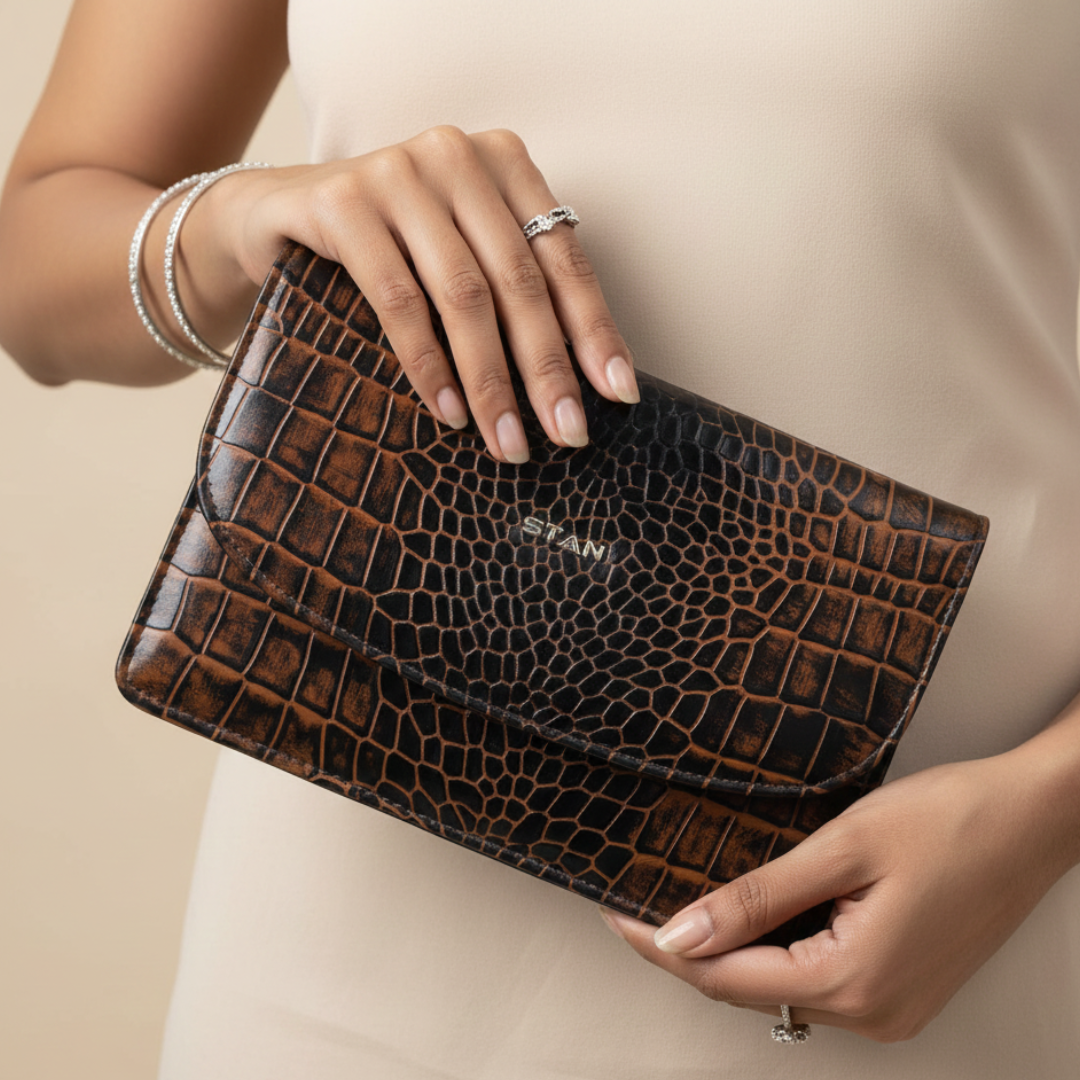 Isabella Elite Evening Clutch-cum-Sling Convertible Bag in hand Burnt Cognac