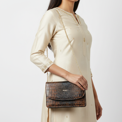 Isabella Elite Evening Clutch-cum-Sling Convertible Bag stap worn Burnt Cognac