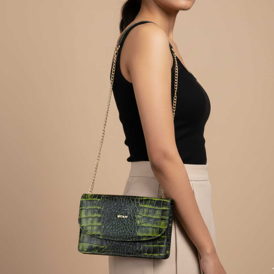 Isabella Elite Evening Clutch-cum-Sling Convertible Bag Strap Worn Moss Green