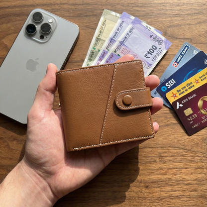 STAN Trovane Mens Bifold Leather Wallet Handholding Saddle Tan