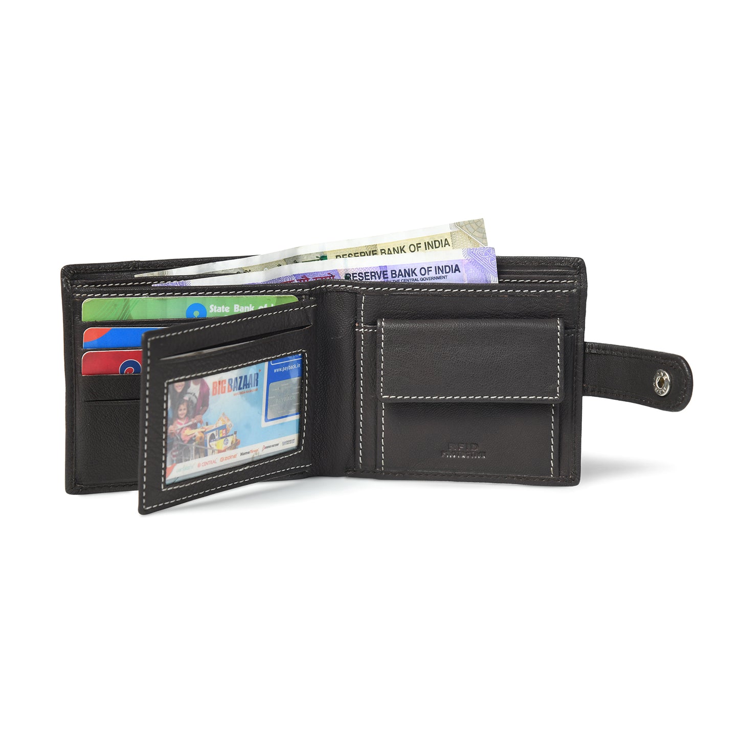 STAN Trovane Mens Bifold Leather Wallet Open Charcoal Brown