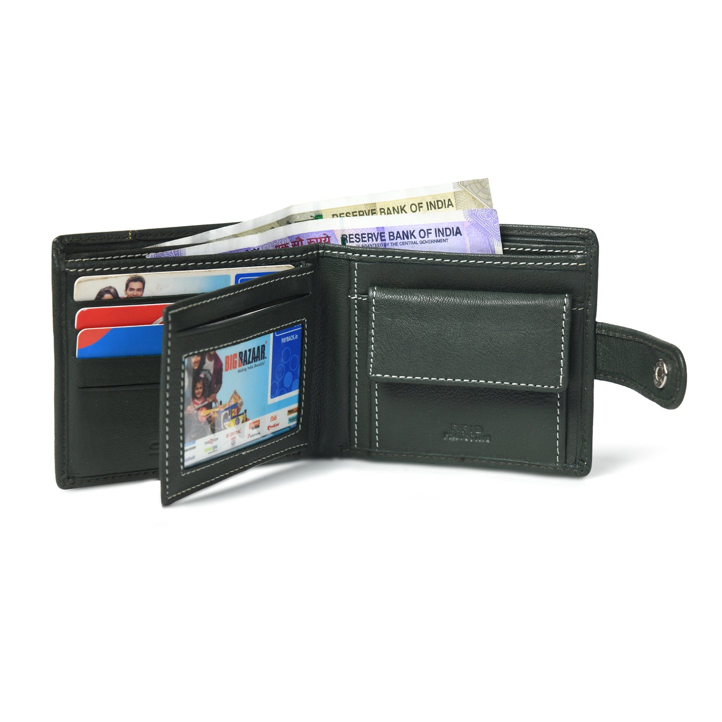 STAN Trovane Mens Bifold Leather Wallet Open Military Green