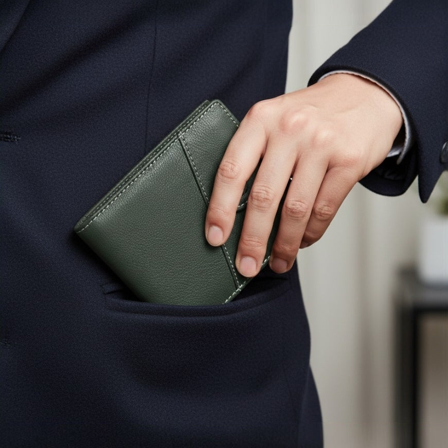 STAN Trovane Mens Bifold Leather Wallet Pocket Insert Military Green