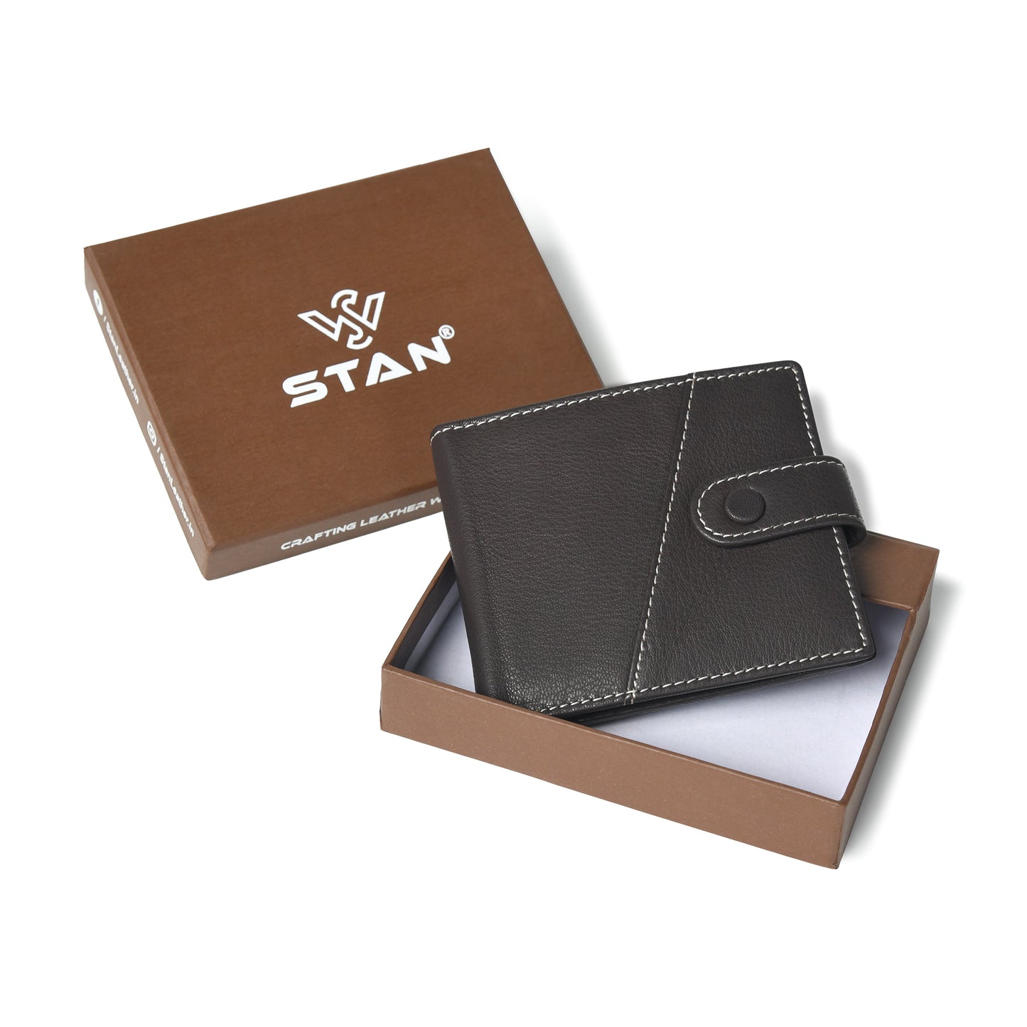 STAN Trovane Mens Bifold Leather Wallet With Box Charcoal Brown