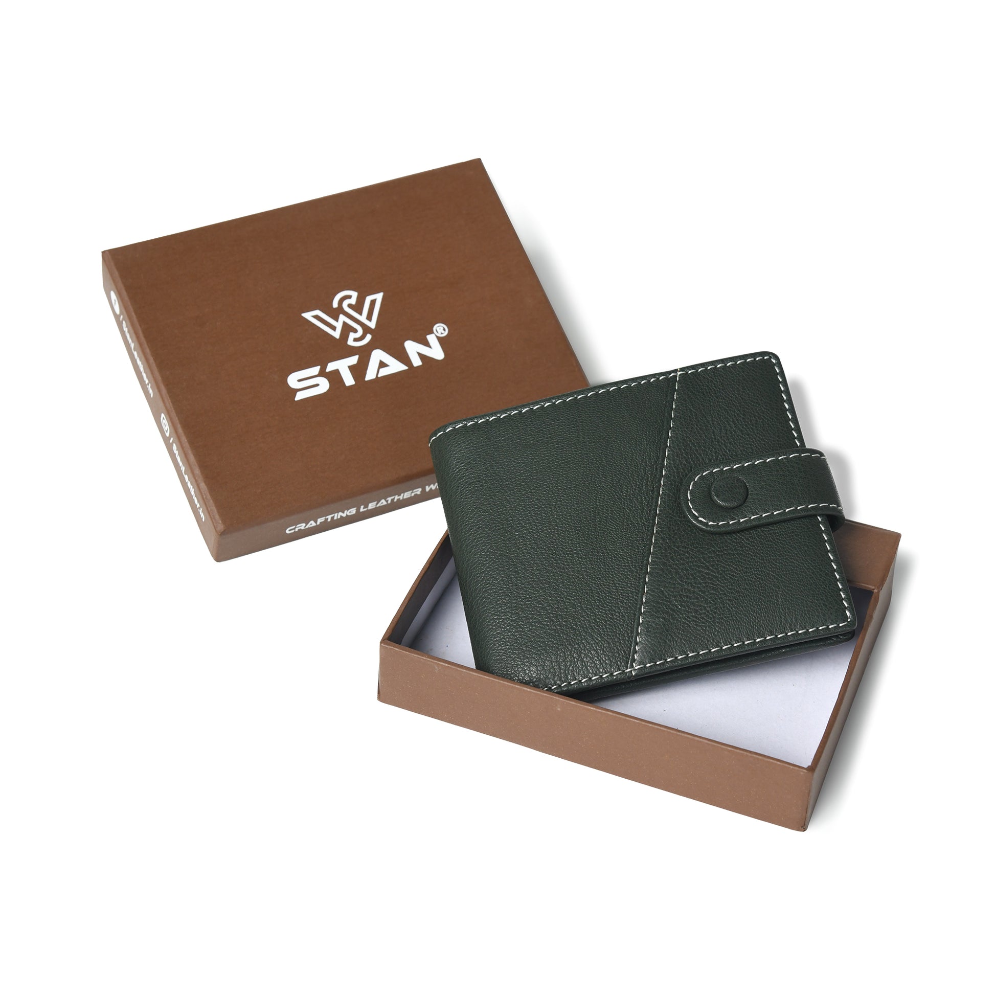 STAN Trovane Mens Bifold Leather Wallet With Box Military Green